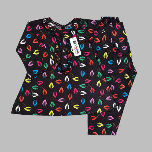 Black All-Over Printed Frock With Pajama V2