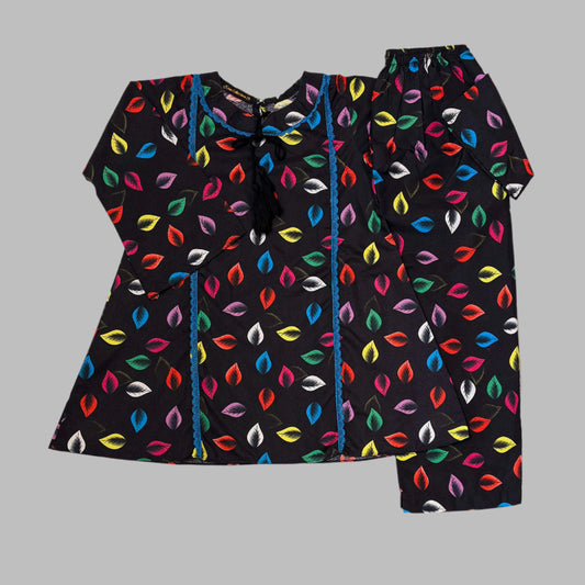 Black All-Over Printed Frock With Pajama