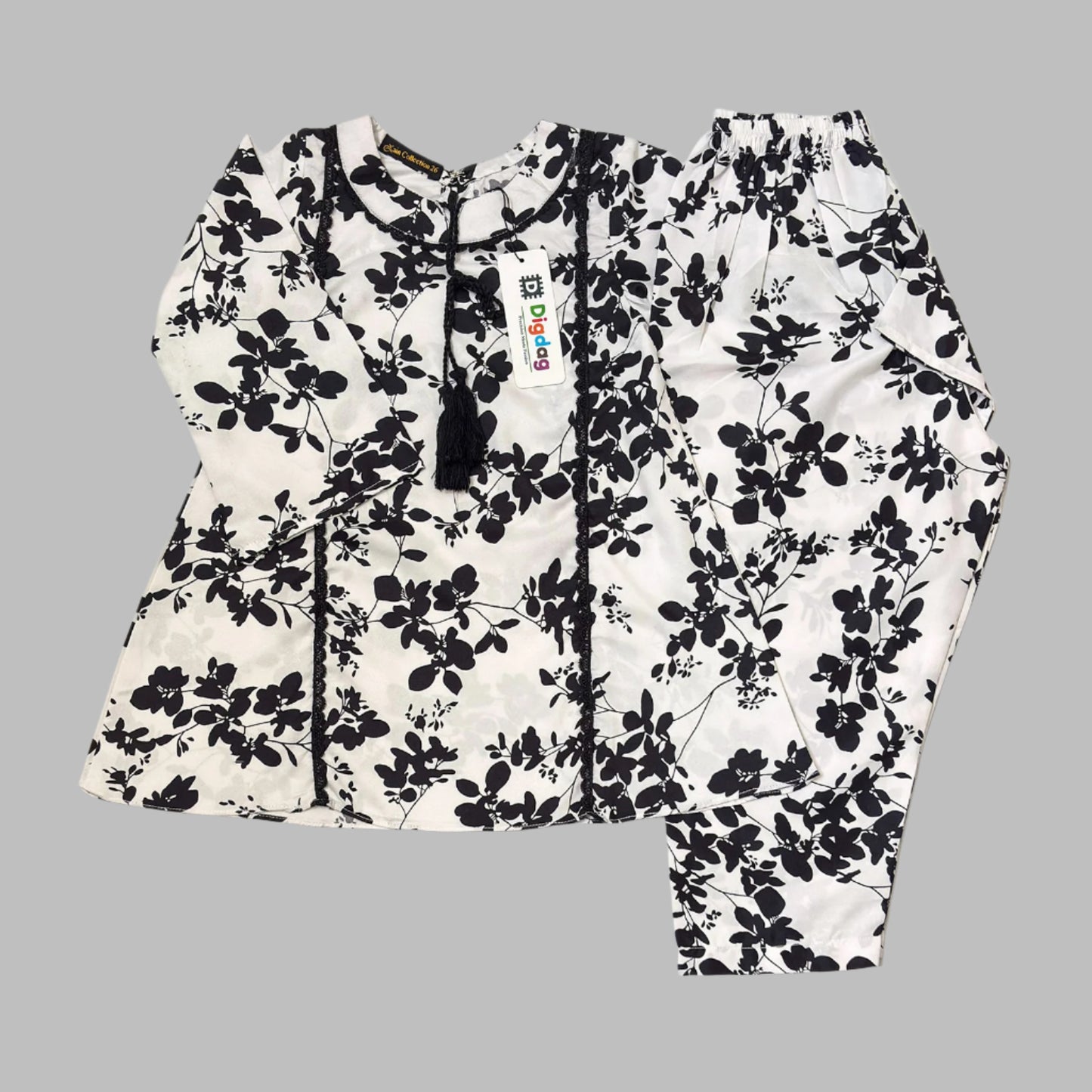 White All-Over Printed Frock With Pajama