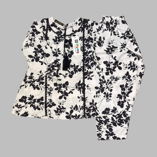 White All-Over Printed Frock With Pajama