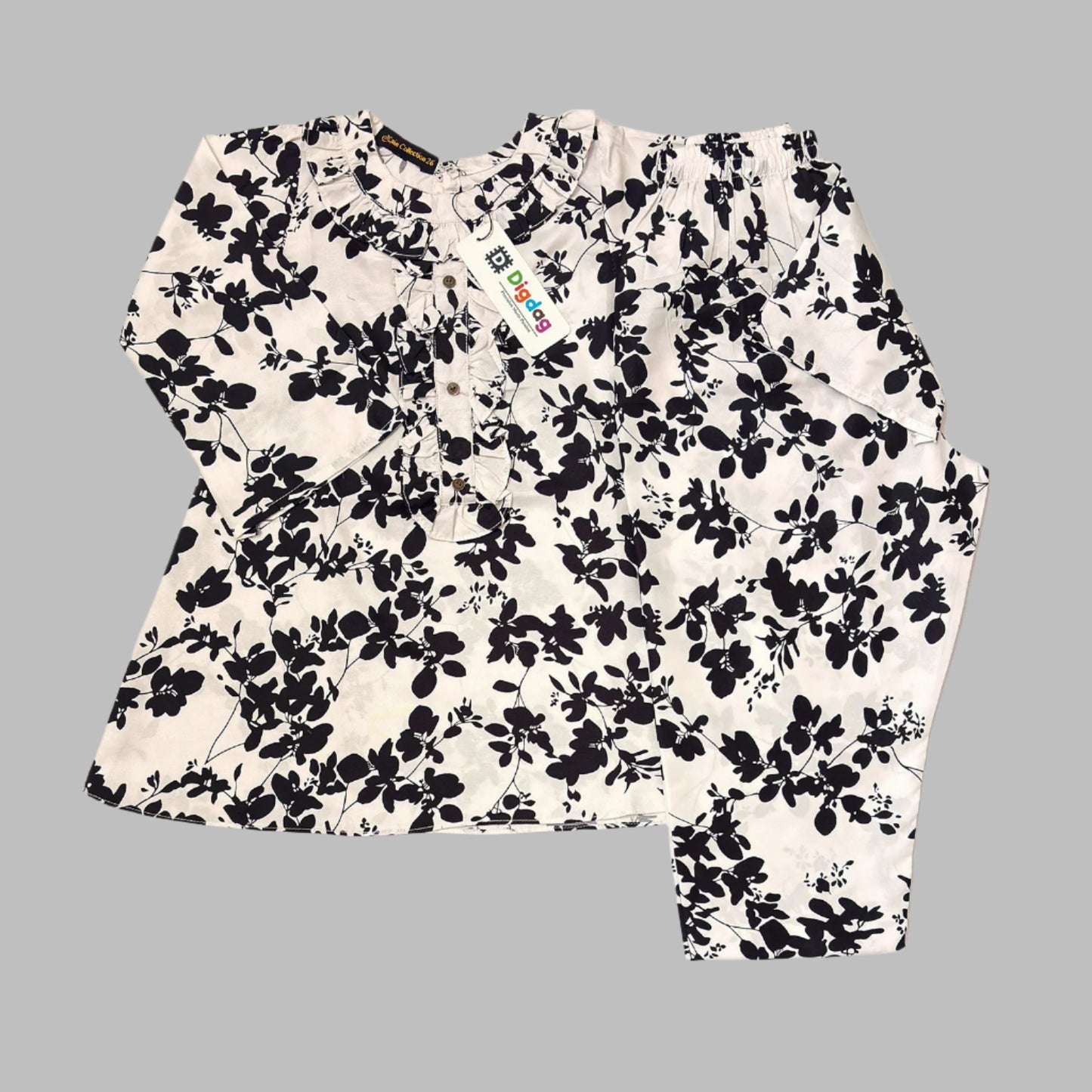 White All-Over Printed Frock With Pajama V2